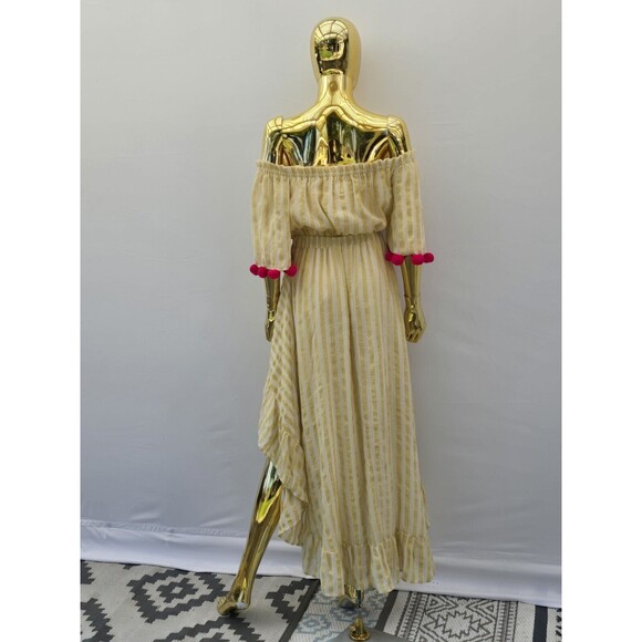 Revolve Sundress Alena High Low Off Shoulder Dress Yellow Stripe Pom Pom M/L - Picture 12 of 14